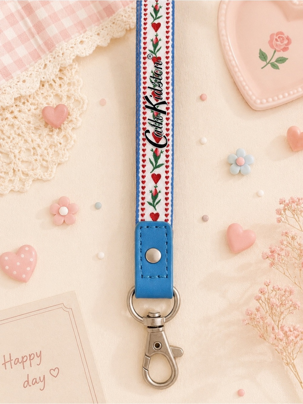 Cath Kidston Heart Floral Lanyard Keychain Wristlet Strap Blue Red